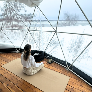 morning meditation in a snowy landscape, the kind of stillness matcha supports